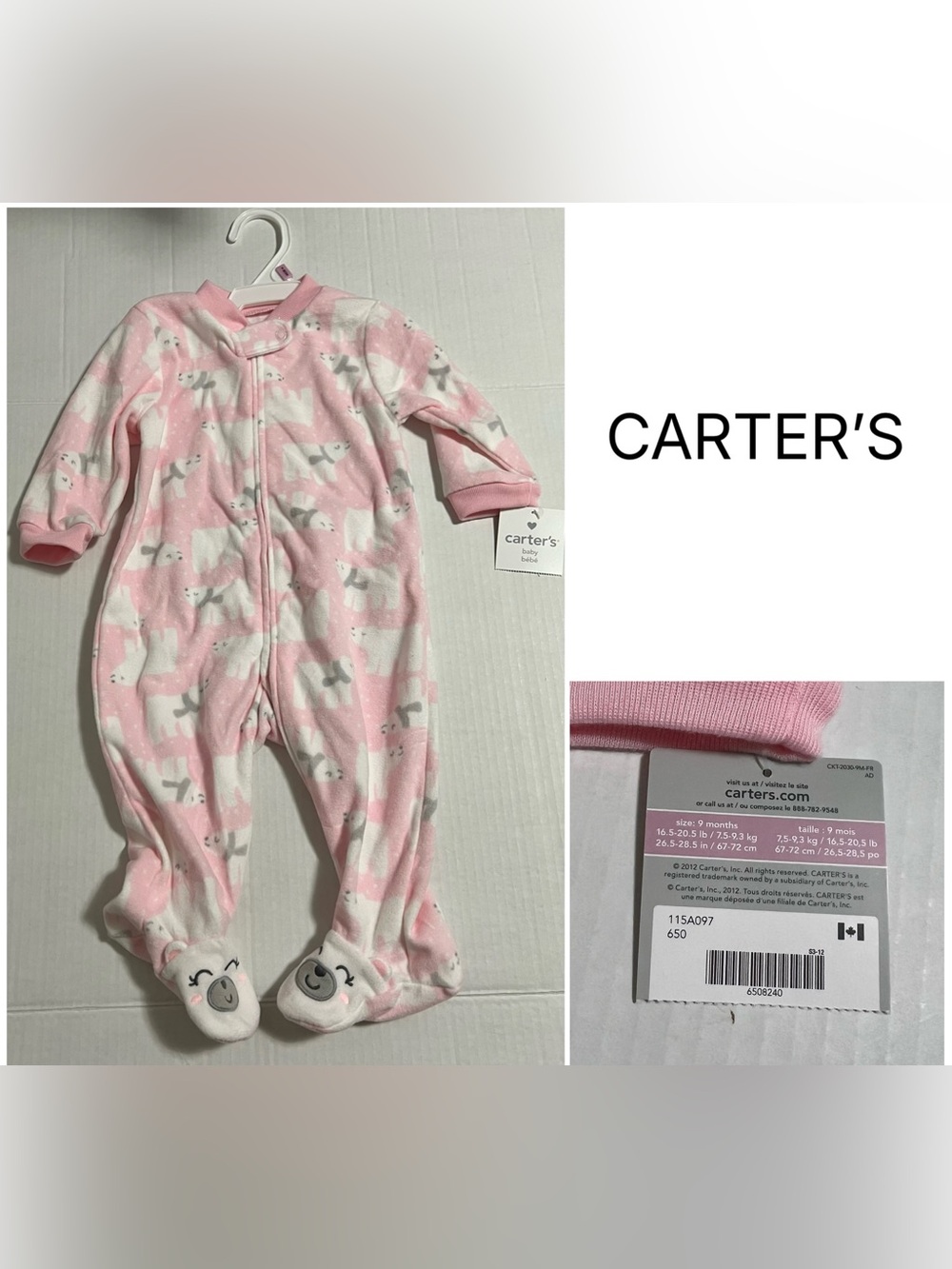 CARTER’S - 9M - NWT - INFANT GIRLS PINK POLAR BEAR FLEECE SLEEPER